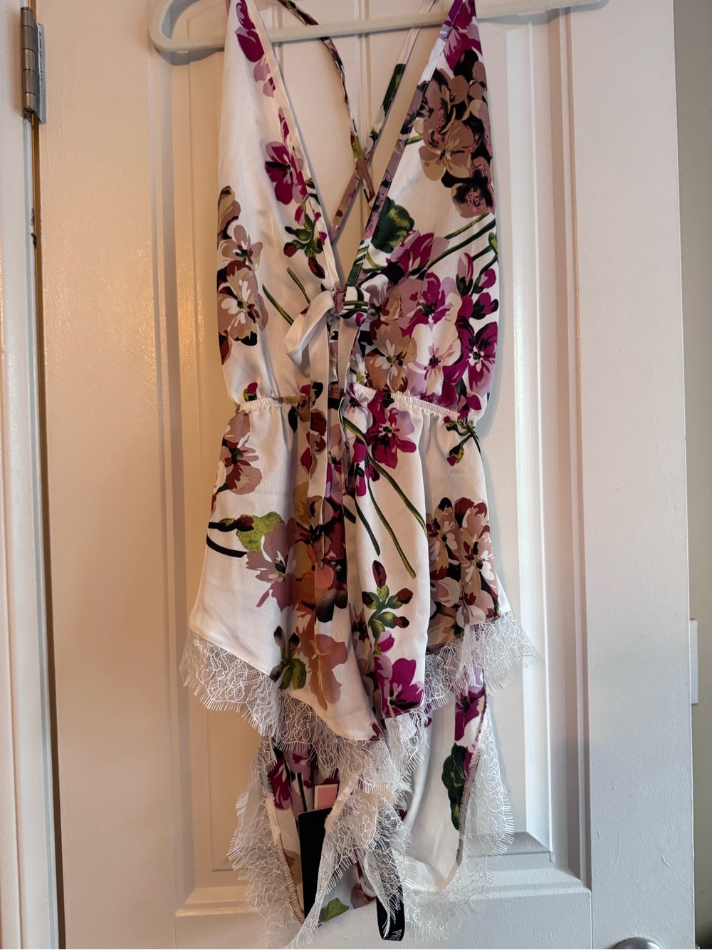 NWT Pretty Little Thing Floral White and Pink Lace-Trim Teddy